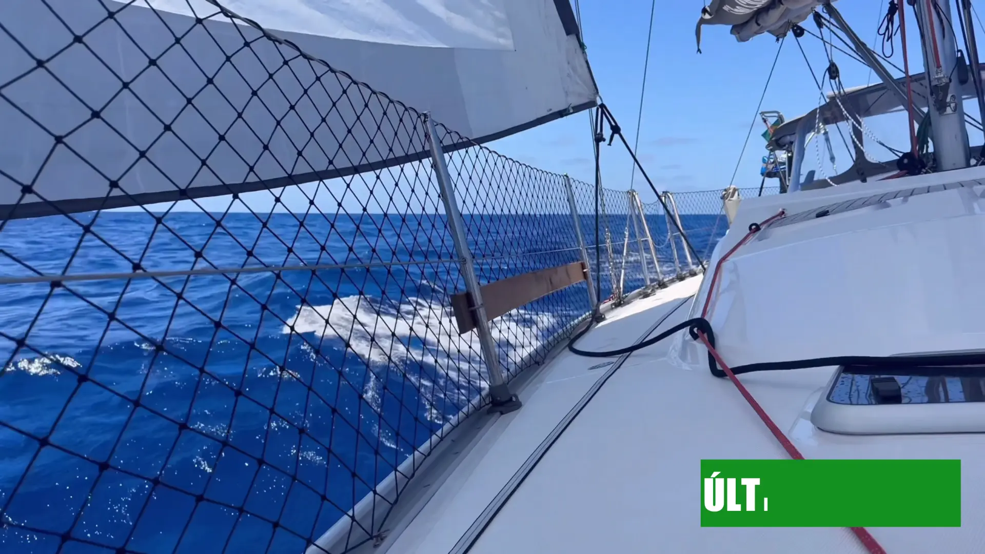 Convés lateral de veleiro com rede de segurança cortando o mar azul